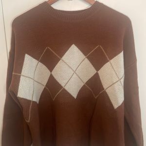 Orange/Brown and Cream Knit Crew Neck Sweater with Argyle Print